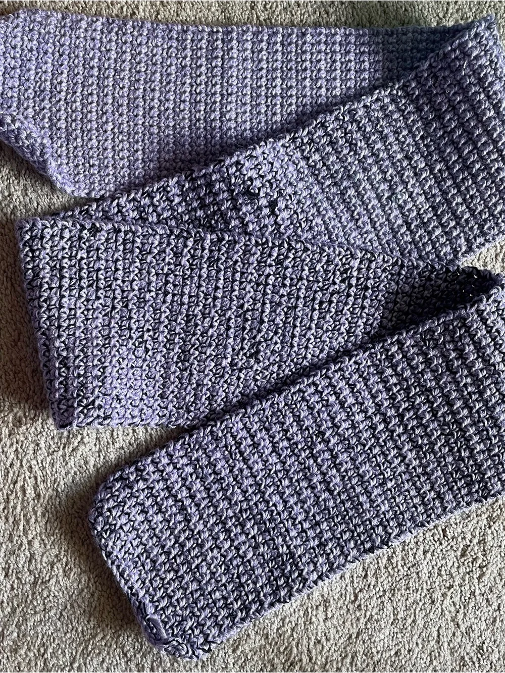 64.5”-long, 6”-wide Purple-yarn, Black-fringe/embroidery floss Homemade Scarf